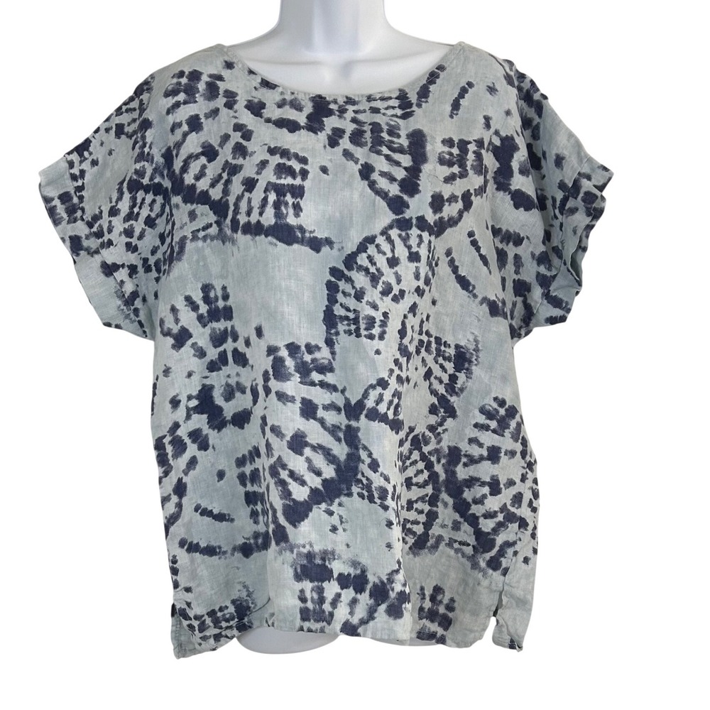Bellambia Made in Italy Women's L 100% Linen Tie-dye Print Top Blue Lagenlook